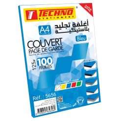 COUVERT PAGE DE GARDE 125µ A4 BLEU TRANSPARENT 100F "TECHNO" REF: 5656