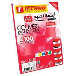 COUVERT PAGE DE GARDE 125µ A4 ROUGE TRANSPARENT 100F "TECHNO" REF: 5658